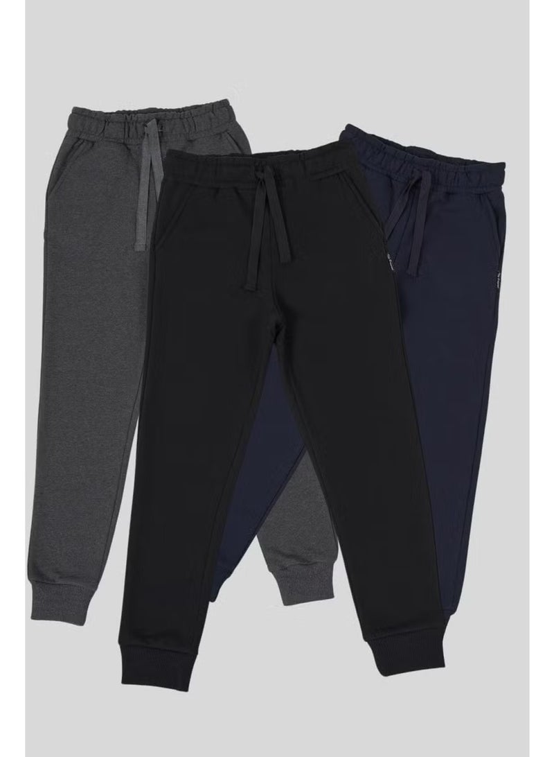 mmetalic Black-Navy-Anthracite Thick Cotton Elastic Waist and Leg Pocket 3-Pack Boys Tracksuit Bottoms - Image 1
